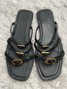 Massimo Dutti Black Leather Multi-Strap Slide Sandals with Gold Buckles